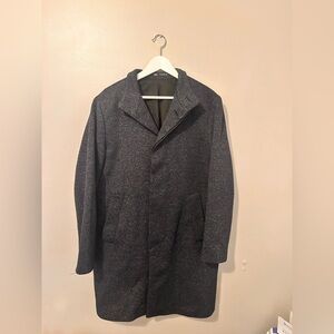 ZARA Men's Funnel Neck Top Pea Long Coat Navy Blue Tweed Knit Overcoat Medium